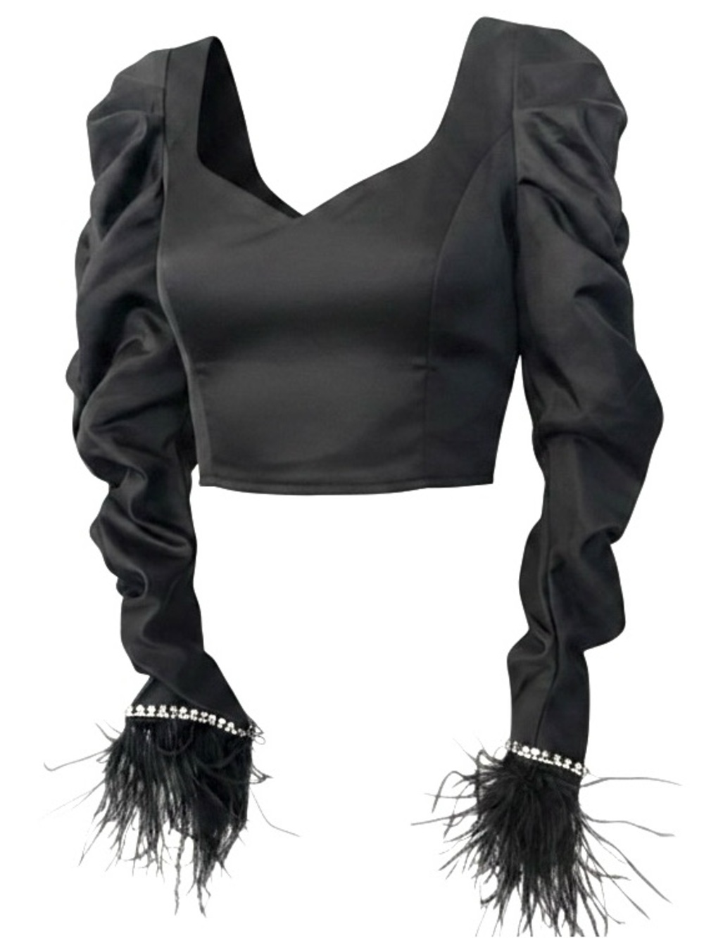 Black Satin Feather Sleeve Crop Top | Rhinestone Cuff | Party Night Out